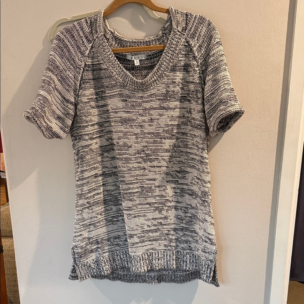 CAbi Marled Black and White V-Neck Short Sleeve Sweater